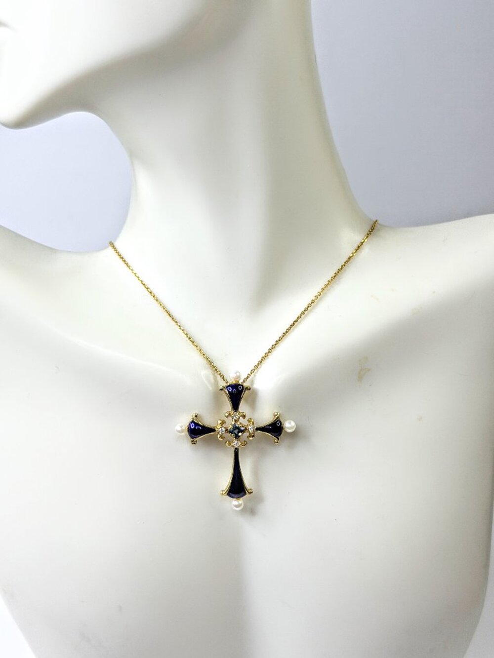 Vintage Faberge 14K Gold Sapphire Pearl Diamond Enamel Cross Necklace JR1655